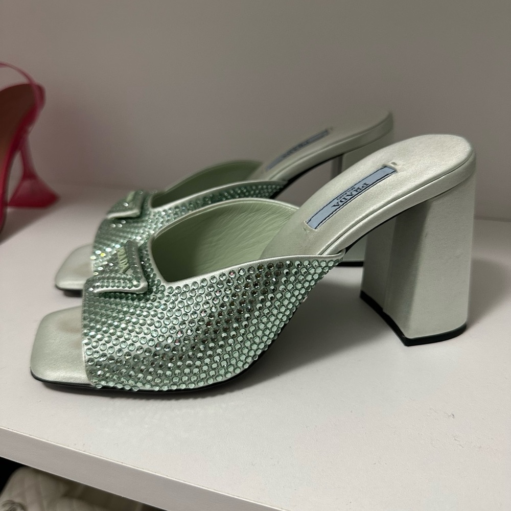 Mint green Prada high heeled satin slides with crystals - worn a few times
